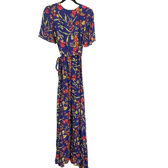 PRIVACY PLEASE Blue Floral Wrap Plaza Kimono Maxi Dress size Small - Picture 3 of 10